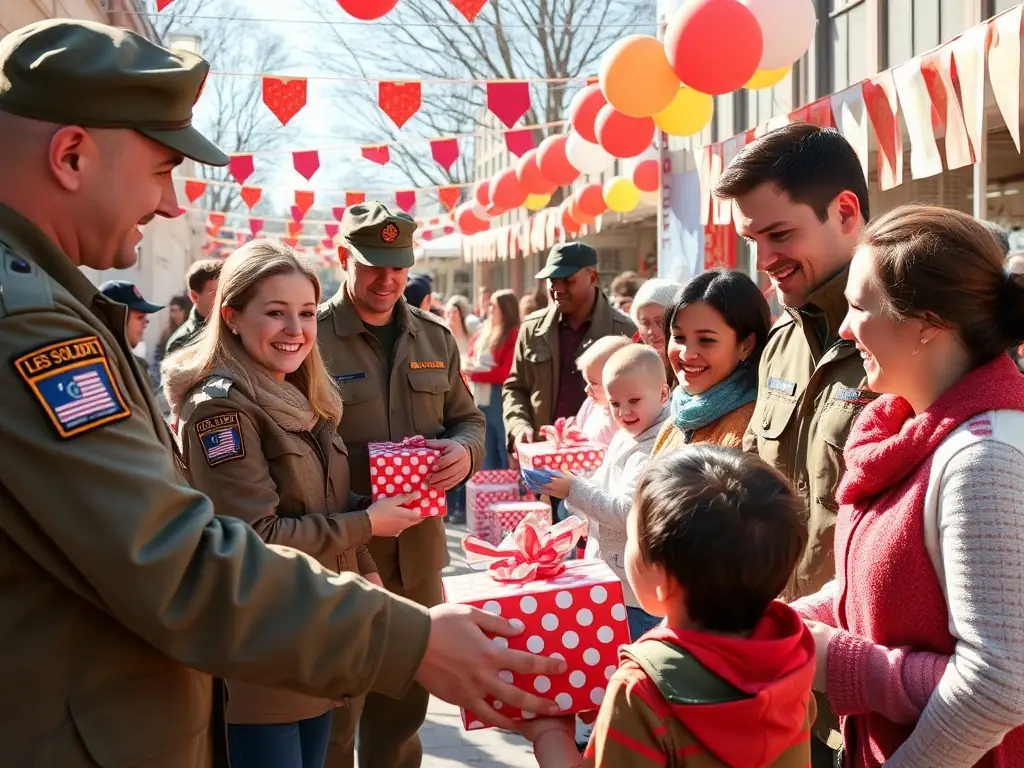 A heartwarming image showing members of LES SOLDATS DU ROY volunteering at a local charity event, interacting with children and families in a festive setting.