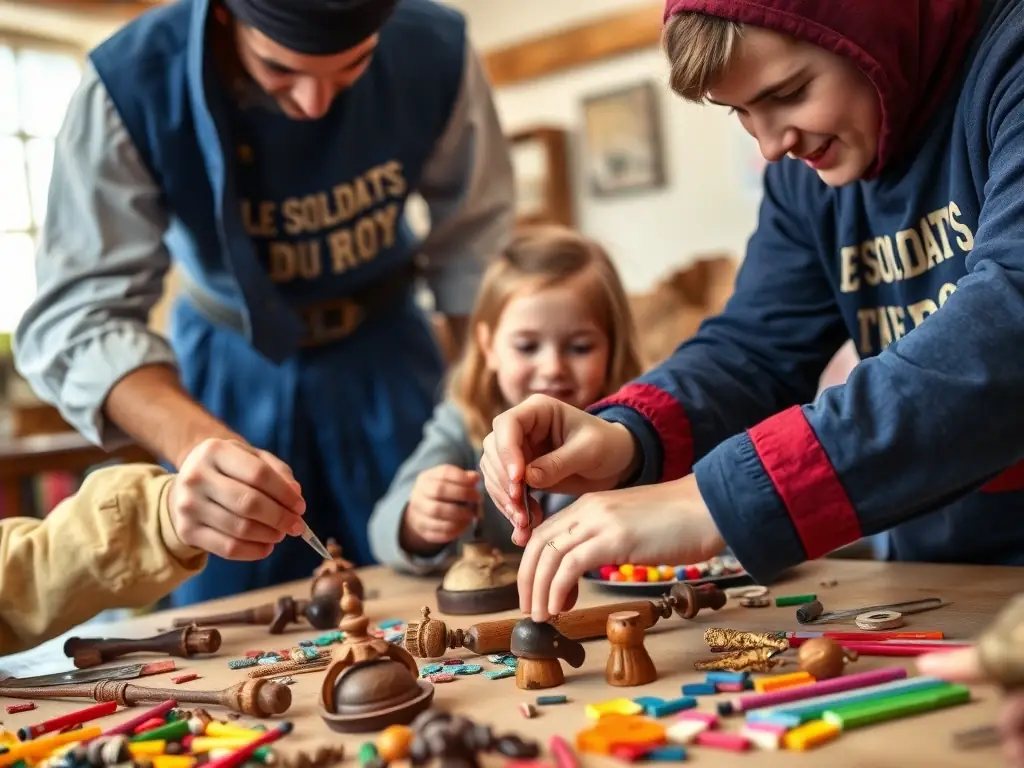 A close-up shot of LES SOLDATS DU ROY members conducting a historical workshop for children, demonstrating traditional crafts and sharing historical knowledge.