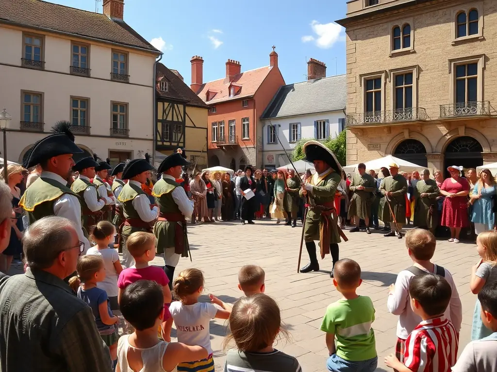 A vibrant outdoor scene depicting LES SOLDATS DU ROY performing a historical reenactment in a town square, with a diverse audience watching attentively.
