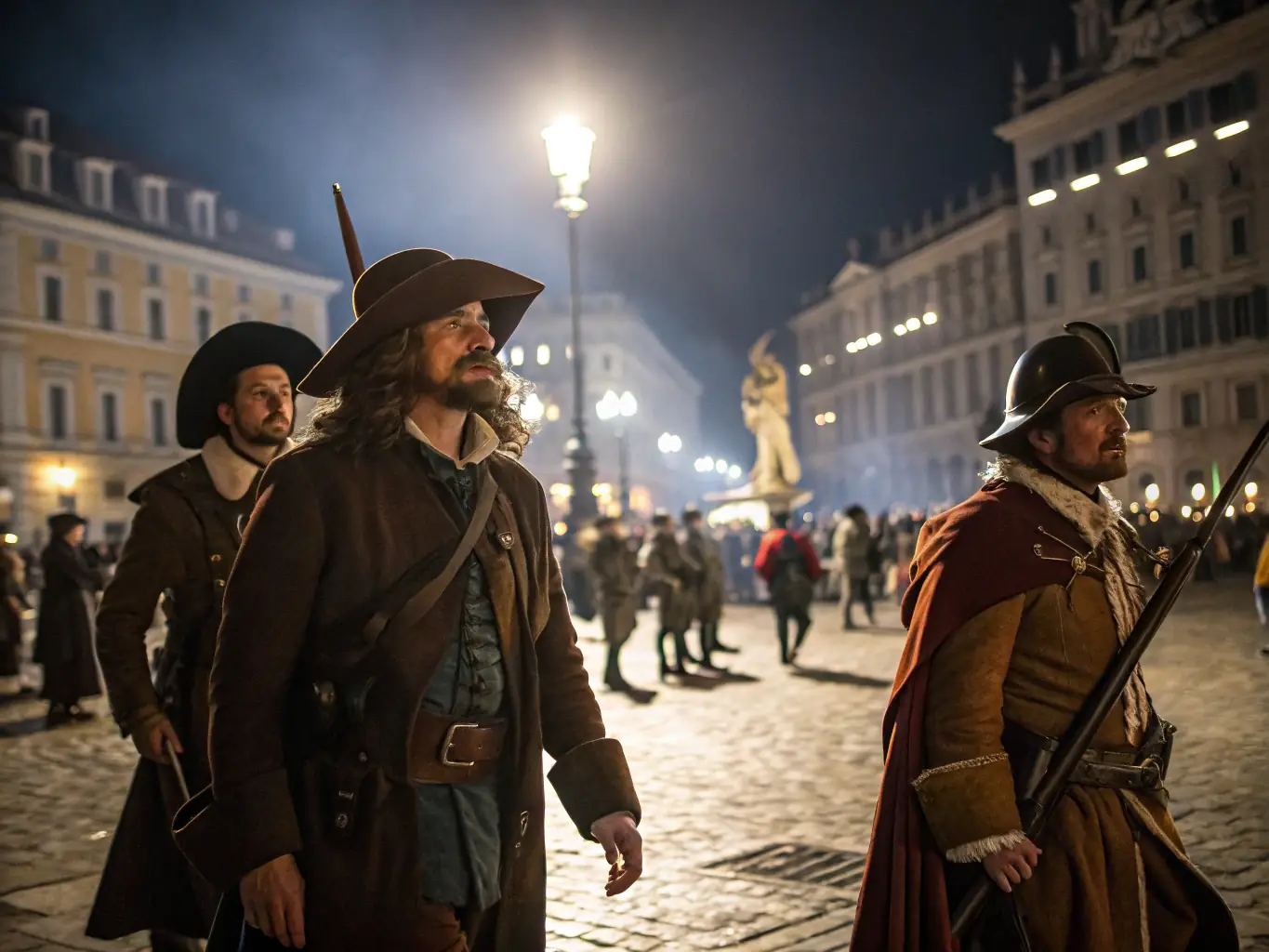 A vibrant image depicting a historical reenactment performance by LES SOLDATS DU ROY in a town square, with actors in period costumes engaging with a diverse audience.