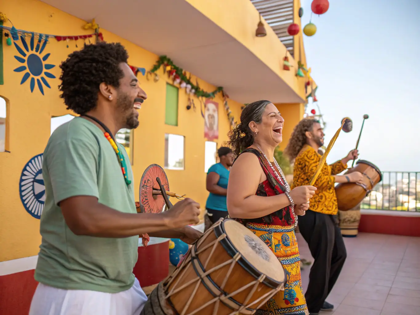 A photograph capturing a workshop session led by members of LES SOLDATS DU ROY, teaching traditional dance or music to local community members in a community center.
